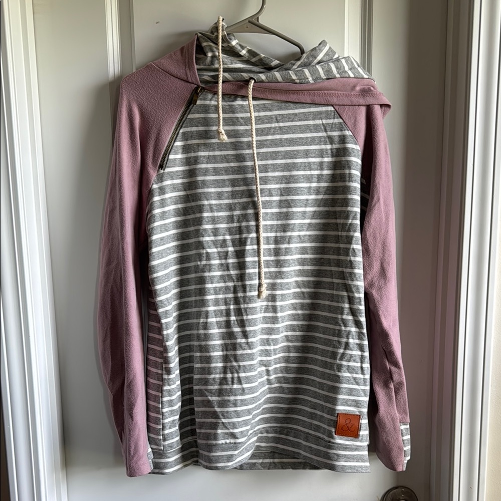 AMPERSAND AVE Striped Hoodie in Gray and Mauve